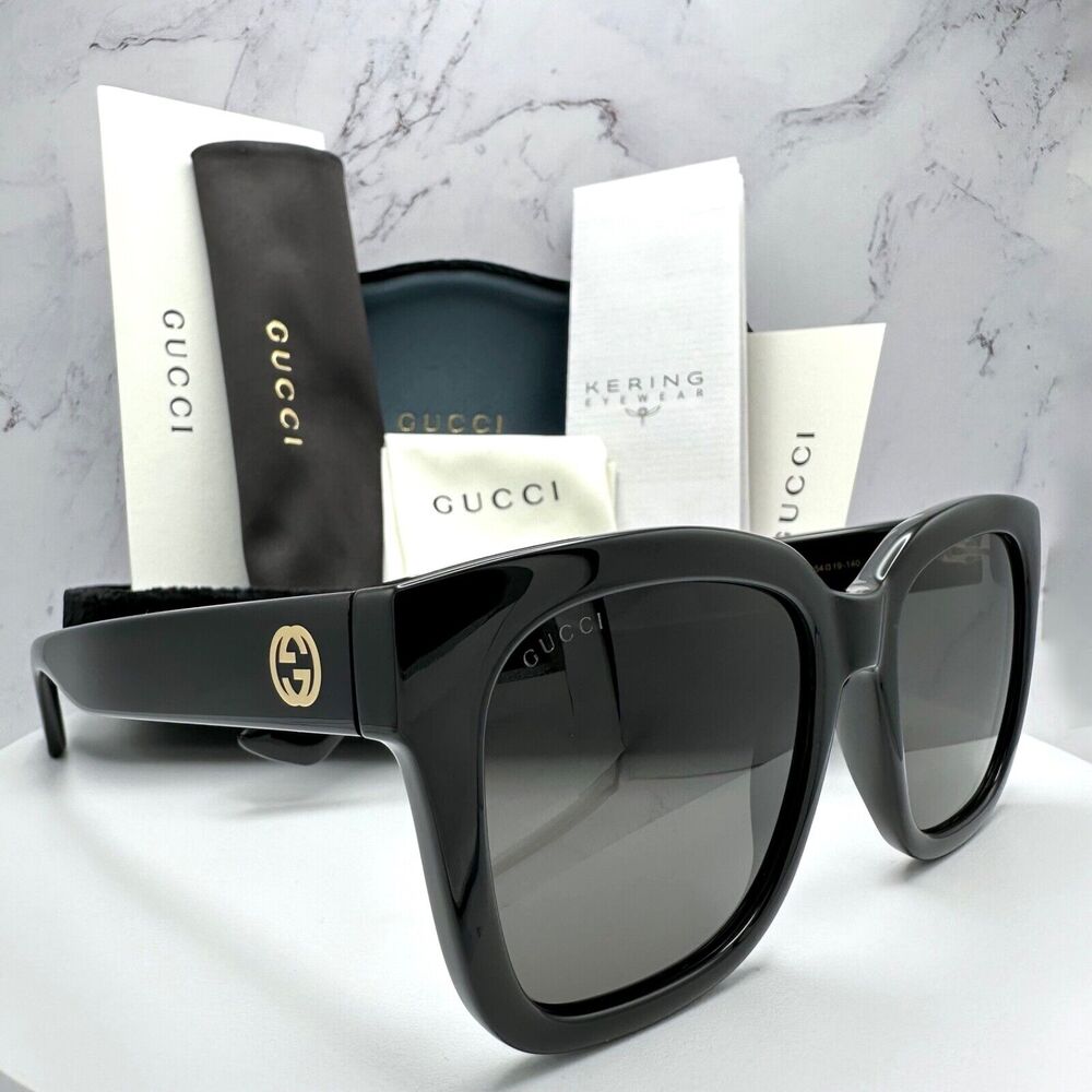 New Gucci Sunglasses Black Square Gold Interlocking GG Logo